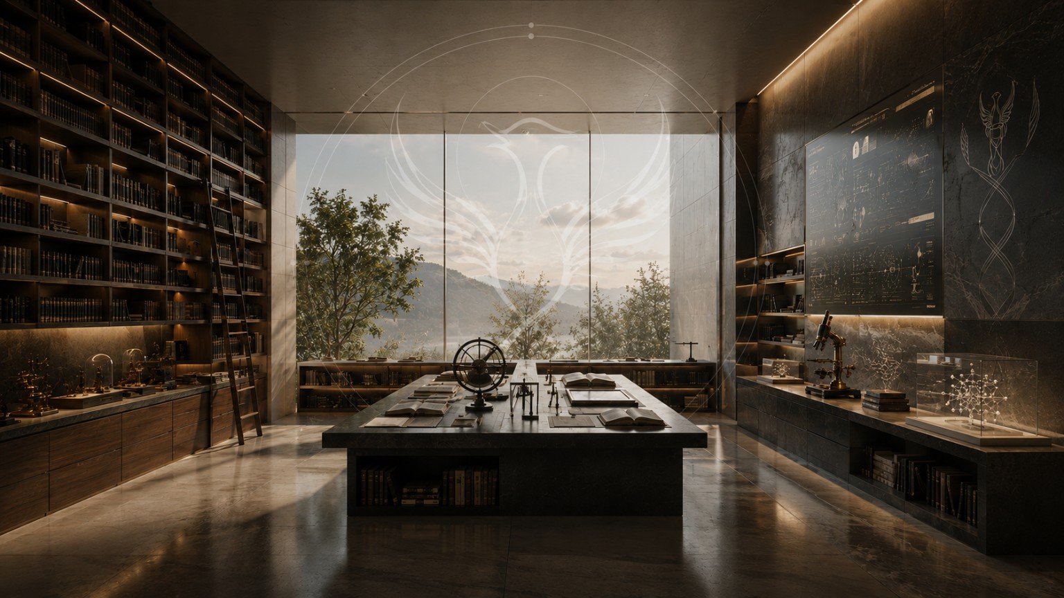 A modern research library combining historic books and scientific technology